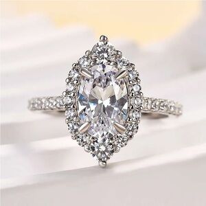 Halo Oval Sona Simulated Diamond Engagement Ring Sterling Silver size 6
